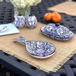 1-Piece Blue Flower Mexican Pottery Ceramic Spoon Rest by Global Crafts -Flatware Sales Store blue yellow serving sets mc125f gwh 44 1000