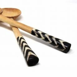 Olive Wood Serving Set with Bone Handles Chevron Batik by Global Crafts -Flatware Sales Store brown cream serving sets kwf009 chv gwh 1f 1000