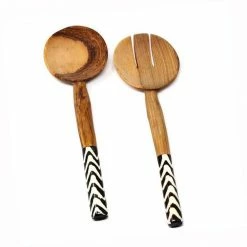 Olive Wood Serving Set with Bone Handles Chevron Batik by Global Crafts