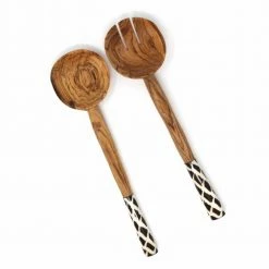 2-Pieces Olive Wood Serving Set with Bone Handles, Diamond Batik by Global Crafts
