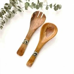 8 in. 2-Pieces Small Olive Wood Serving Set with Inlaid Bone Handles by Global Crafts 7 8 in. 2-Pieces Small Olive Wood Serving Set with Inlaid Bone Handles by Global Crafts -Flatware Sales Store brown cream serving sets kwf009i gwh 1f 1000