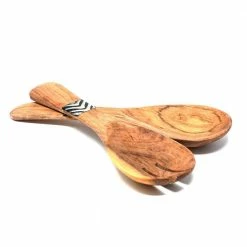 8 in. 2-Pieces Small Olive Wood Serving Set with Inlaid Bone Handles by Global Crafts
