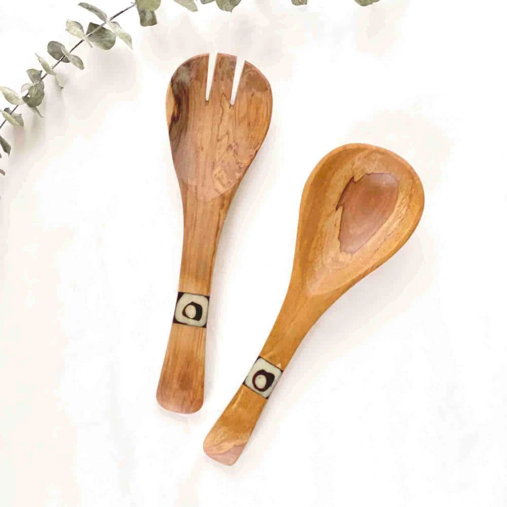 8 in. 2-Pieces Small Olive Wood Serving Set with Inlaid Bone Handles by Global Crafts 2 8 in. 2-Pieces Small Olive Wood Serving Set with Inlaid Bone Handles by Global Crafts - Image 2
