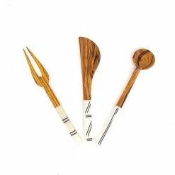 3-Pieces Simple Batik Olive Wood Appetizer Set Fork, Spoon, Spreader by Global Crafts