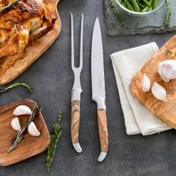 Laguiole Olivewood Carving Knife and Fork Set by French Home -Flatware Sales Store brown wood natural wood finish french home serving sets lg047 31 1000