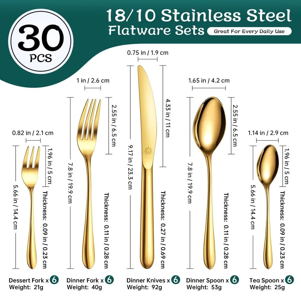 30-Piece Gold Stainless Steel Flatware Set (Service for 6) by vancasso 2 30-Piece Gold Stainless Steel Flatware Set (Service for 6) by vancasso - Image 2
