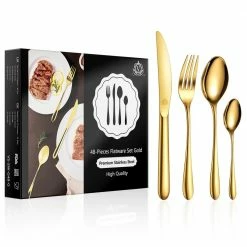 48-Piece Gold Stainless Steel Flatware Set (Service for 12) by vancasso -Flatware Sales Store gold vancasso serving sets vs sw g48 g 44 1000