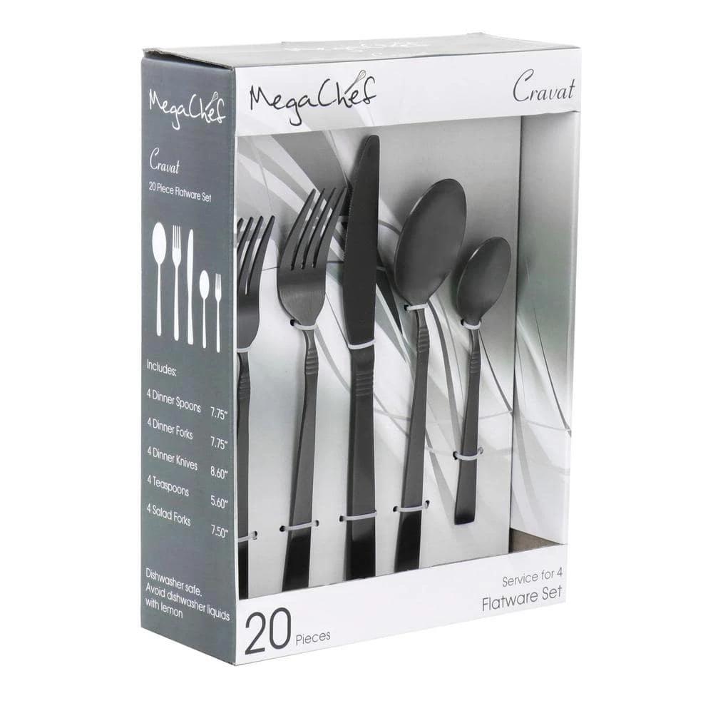 Cravat 20-Piece Matte Black Flatware Utensil Set, 18/10 Stainless Steel Silverware Metal (Service for 4) by MegaChef 6 Cravat 20-Piece Matte Black Flatware Utensil Set, 18/10 Stainless Steel Silverware Metal (Service for 4) by MegaChef - Image 6