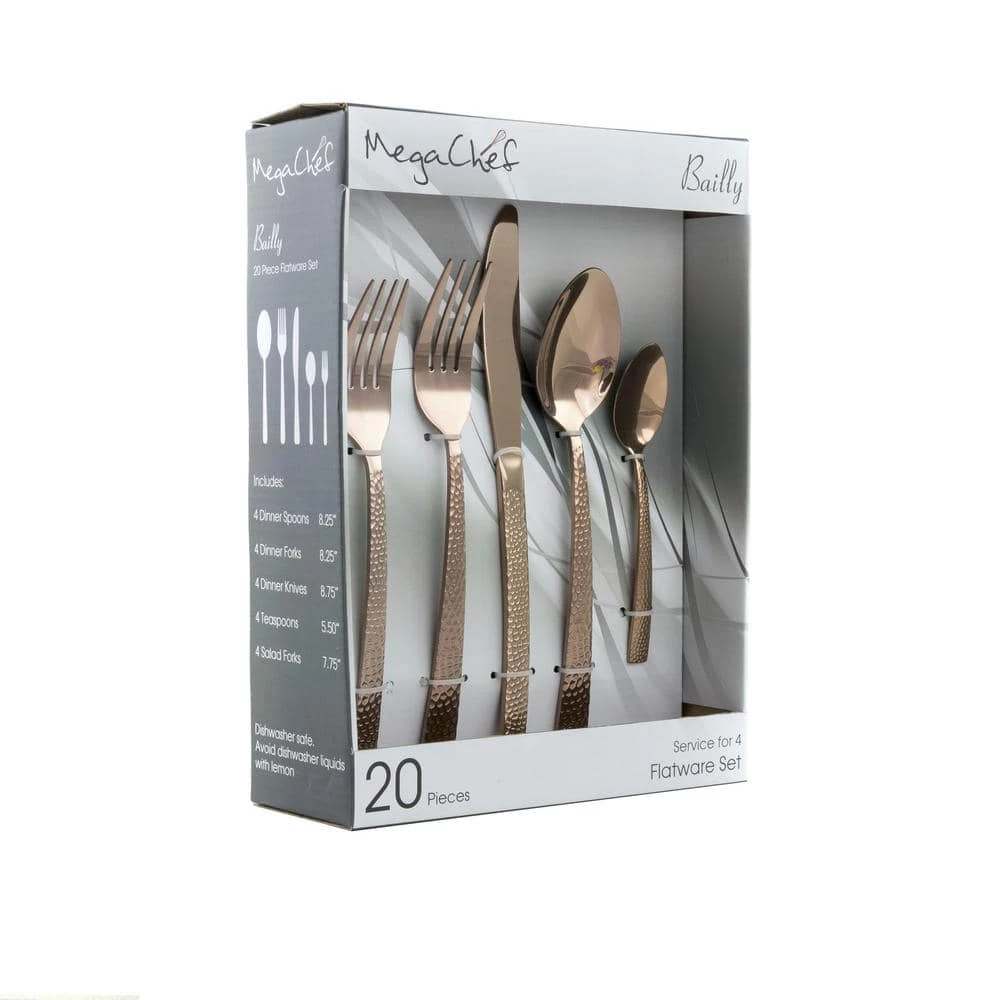 Baily 20-Piece Rose Gold Stainless Steel Flatware Set (Service for 4) by MegaChef 1 Baily 20-Piece Rose Gold Stainless Steel Flatware Set (Service for 4) by MegaChef