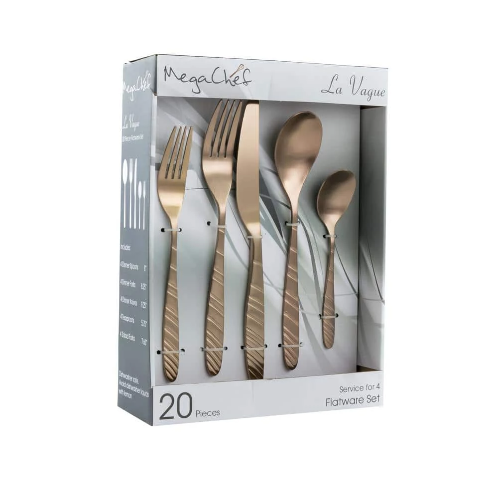 La Vague 20-Piece Matte Rose Gold Stainless Steel Flatware Set (Service for 4) by MegaChef 1 La Vague 20-Piece Matte Rose Gold Stainless Steel Flatware Set (Service for 4) by MegaChef