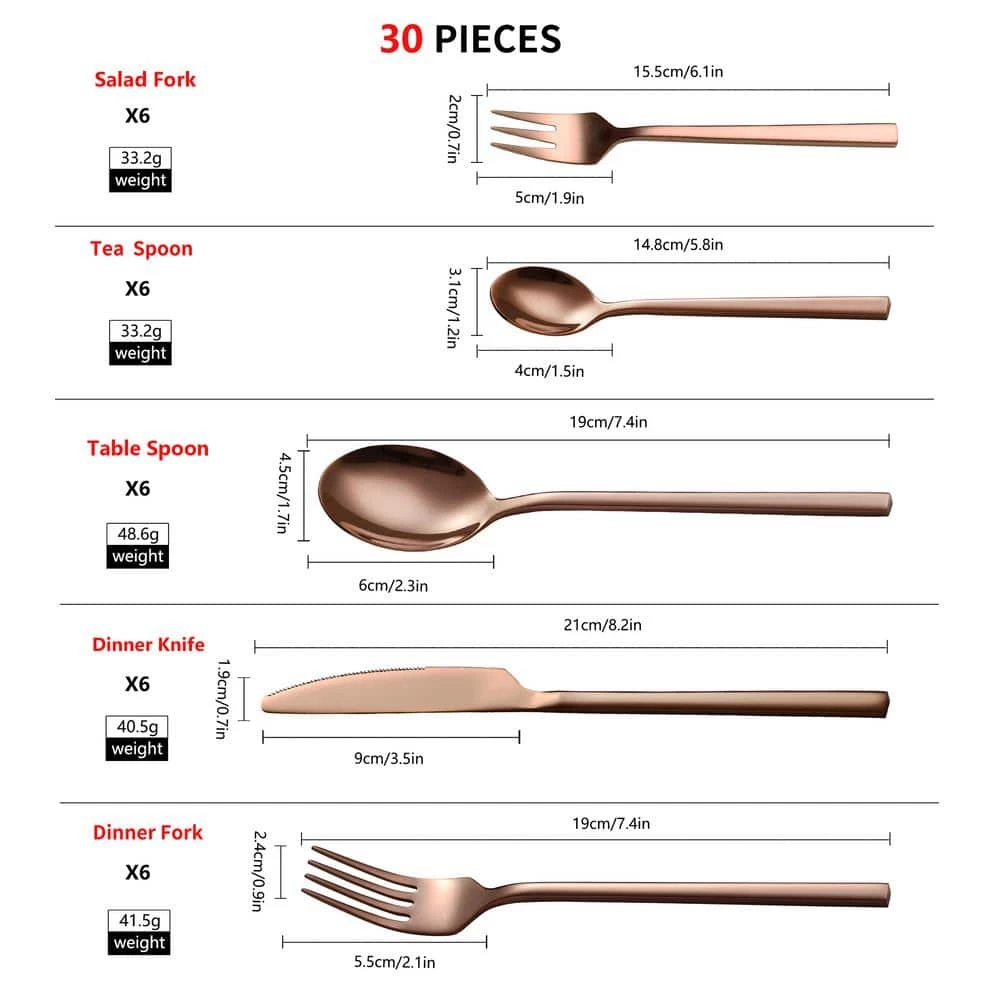 30-Piece 18/8 Rose Gold Flatware Set Stainless Steel Eating Utensils Set Knife Fork Spoon Set (Service for 6) by Velaze 2 30-Piece 18/8 Rose Gold Flatware Set Stainless Steel Eating Utensils Set Knife Fork Spoon Set (Service for 6) by Velaze - Image 2