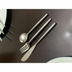Hammered Stainless Steel Flatware 18-Piece Set (Dinner Knives, Dinner Forks, Soup Spoons) by Vibhsa -Flatware Sales Store silver flatware sets dkdftssilver18 4f 1000