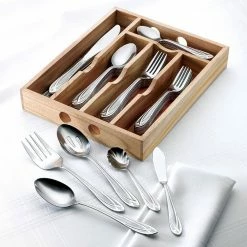 Lace Frosted 54-Piece 18/0 Stainless Steel Flatware Set with Wood Caddy (Service for 8) by Hampton Forge -Flatware Sales Store stainless steel hampton forge flatware sets 330z054hbb 4f 1000
