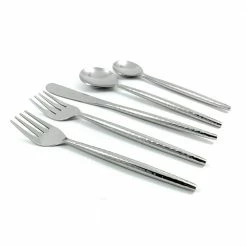 Stainless Steel Flatware Set of 5-Pieces (Hammered, Silver Glossy) by Vibhsa