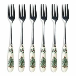 Christmas Tree 6 in. 6-Piece Stainless Steel and White Ceramic Pastry Fork Flatware Sets by Spode